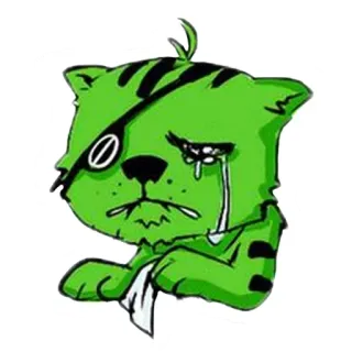 😢 69d8fcad sticker, crying, cat, cartoon, green, eyepatch, sad whatsapp sticker