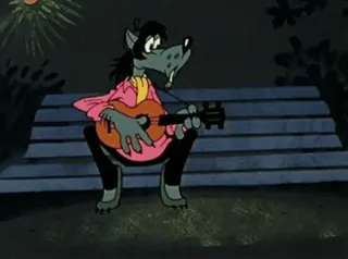 😯 6beacae7 Wolf Nu, pogodi! 漫画, 狼, ギター, ベンチ, 座る, 音楽 telegram sticker