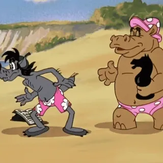 😠 c4b952db kreskówka, plaża, zwierzęta, wilk, hipopotam, morze telegram sticker