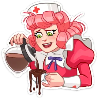 ☕️ d37f1890 krankenschwester, kaffee, cartoon, pinke haare, medizinisch, uniform telegram sticker