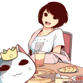 🐈 c0340bbf TRVMK Anime Stil, Mädchen, Katze, Krone, Tisch, Essen, Cartoon whatsapp sticker