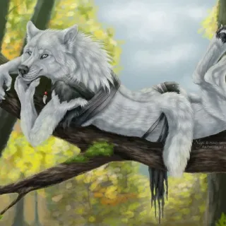 🍃 4d44b32c serigala, anthro, furry, seni, hewan, pohon, hutan, santai whatsapp sticker