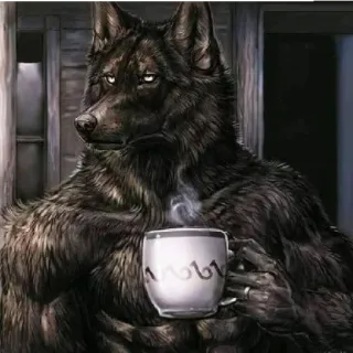 ☺️ 9fda9753 serigala, antropomorfik, manusia serigala, kopi, pagi, furry whatsapp sticker