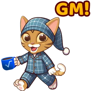 ☕️ d1e839e9 GM! kot, piżama, dzień dobry, dzien dobry, śpiący, słodki, kreskówka telegram sticker