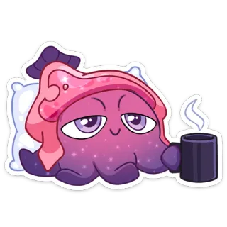☕️ f6d2b270 章鱼, 可爱, 卡通, 困, 咖啡, 枕头 whatsapp sticker