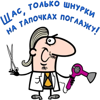 😀 c531cc34 ШАС, ТОЛЬКО ШНУРКИ НА ТАПОЧКАХ ПОГЛАЖУ! cartoon, hairdresser, scissors, hair dryer, russian, text telegram sticker
