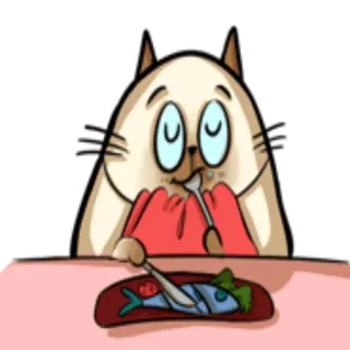 🍽 0d9fdac8 고양이, 먹는, 물고기, 만화, 동물, 음식, 테이블, 저녁 telegram sticker