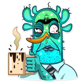 😖 861265a5 卡通, 疲惫, 咖啡, 累, 仙人掌, 生病 telegram sticker