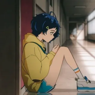 🐣 3f7017fd Ai Ohto Wonder Egg Priority anime, character, girl, yellow hoodie, sitting, teen whatsapp sticker