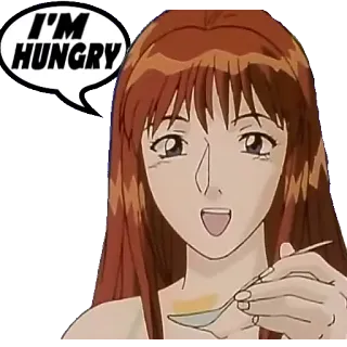🍵 c4ffcb4b I'M HUNGRY 배고픔, 음식, 만화, 애니메이션, 여자, 숟가락 telegram sticker