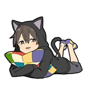 🤗 7d26dd31 アニメ, 猫耳, パーカー, 枕, リラックス, 横たわる, 漫画 telegram sticker