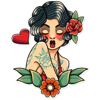 😘 02b06c70 mulher, tatuagem, flor, retro, coração telegram sticker