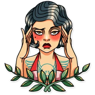😑 ffa12ee3 mulher, frustração, tatuagem, chateada, folhas, dor de cabeça, menina telegram sticker