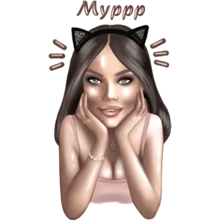 😺 35186b0f Myppp Frau, Katzenohren, brünett, Porträt, Illustration whatsapp sticker