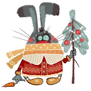 ☺️ 593170fb kelinci, wortel, pohon Natal, syal, musim dingin, liburan, imut, ilustrasi, kartun telegram sticker