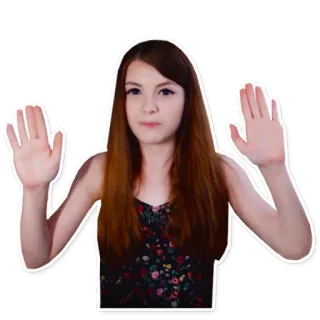 🙌 a14ede1e kobieta, ręce do góry, poddanie się, pokój, dziewczyna, brunetka, podnoszenie rąk, naklejka telegram sticker