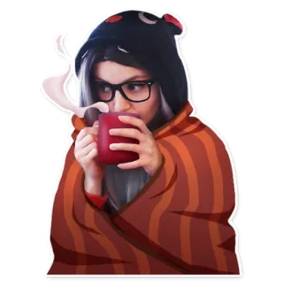 ☕ c2d8dcf1 kobieta, kawa, koc, okulary, zima, przytulny, kubek, bluza z kapturem telegram sticker