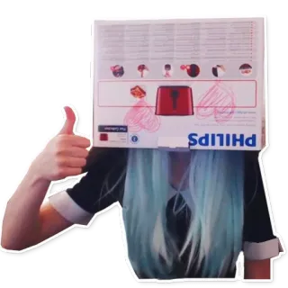 👍 f420ba5b PHILIPS kciuk w górę, pudełko, osoba, portret, Philips, włosy, niebieskie włosy telegram sticker