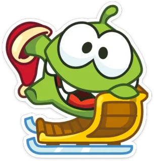 🐸 389473b5 Om Nom Cut the Rope Om Nom, Cut the Rope, christmas, green monster, sled, cartoon, game character telegram sticker