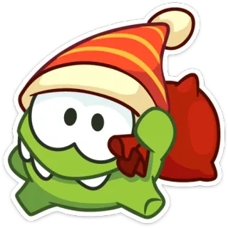 🐸 aa02c6ca Om Nom Cut the Rope Om Nom, Cut the Rope, Christmas, Santa hat, Candy, Cartoon, Green monster, Festive telegram sticker