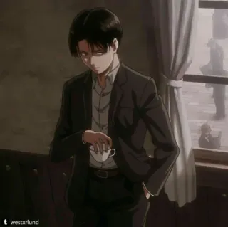 ⚔ 98c1f132 Levi Ackerman Attack on Titan アニメ, キャラクター, リヴァイ, 進撃の巨人, スーツ, カップ telegram sticker