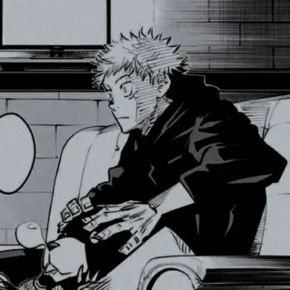 🌫 0c38aa99 Yuji Itadori Jujutsu Kaisen Anime, Manga, Karakter, Duduk, Sofa, Hitam putih whatsapp sticker