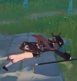 ☠️ fd6320b4 Hu Tao Genshin Impact 애니메이션, 비디오 게임, 캐릭터, 누워있는, 호두, 원신 telegram sticker