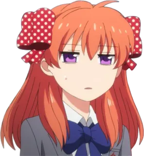 😐 f7f254c8 anime, ragazza, capelli arancioni, pois, fiocco, occhi viola, divisa scolastica, cartone animato telegram sticker