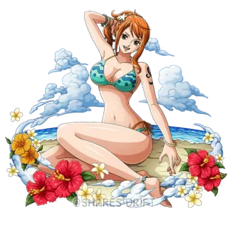 🩱 55a1bd27 Nami One Piece @SHARES.DRIFT Anime, One Piece, Nami, Bãi biển, Bikini, Fanart telegram sticker