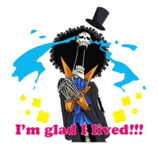 😫 bae4ffeb Brook One Piece I'm glad I lived!!! skeleton, anime, pirate, musician, One Piece telegram sticker