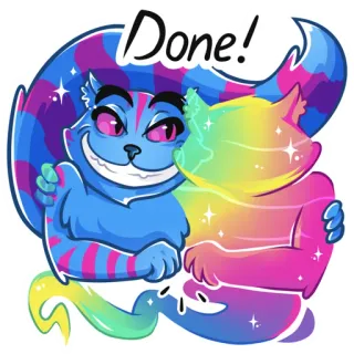 🤝 ebf46e91 Done! 猫, 彩虹, 魔法, 闪亮, 卡通, 完成, 快乐 telegram sticker