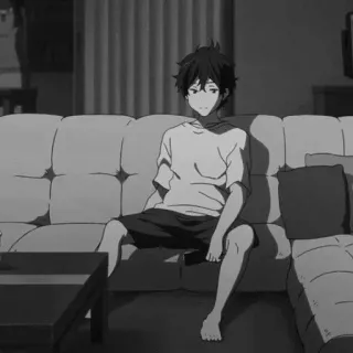 🕸 2a287538 애니메이션, 소년, 소파, 흑백, 편안한, 앉아있는, 슬픈 telegram sticker