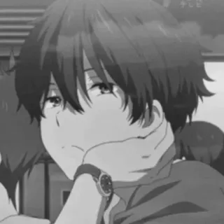 🕸 39326a72 애니메이션, 소년, 흑백, 단색, 생각 telegram sticker