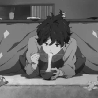 🕸 50ef4848 애니메이션, 먹기, 국수, 소년, 아시아인, 음식, 흑백 telegram sticker