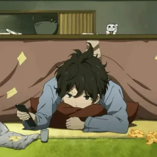 🎐 96c4958b anime, indoors, boy, kotatsu, lazy, pillow, remote whatsapp sticker