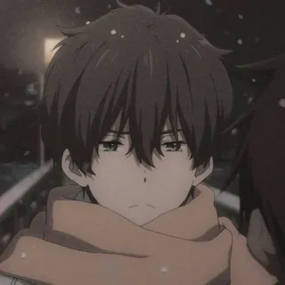 😑 5d5d5617 อนิเมะเด็กผู้ชาย, ผ้าพันคอ, น่ารัก, เศร้า, หิมะ, ฤดูหนาว telegram sticker
