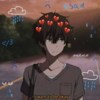 💈 7093a93a i want to be okay buồn, anime, con trai, mưa, tan vỡ, ổn, ước telegram sticker