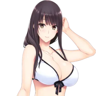 😌 6ed04cd7 动漫, 女人, 比基尼, 黑发, 微笑, 快乐, 漂亮, 插图 telegram sticker