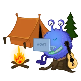 🏕 cf49e1a8 НОУТ monstro, tenda, guitarra, laptop, fogo, acampamento whatsapp sticker
