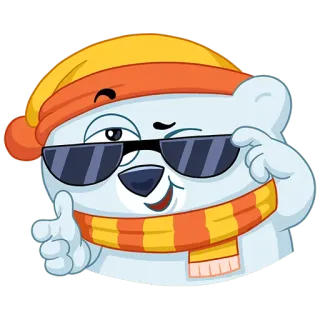 😎 ec9cb9e1 ours polaire, lunettes de soleil, dessin animé, personnage, pouce levé, hiver, chapeau, écharpe telegram sticker