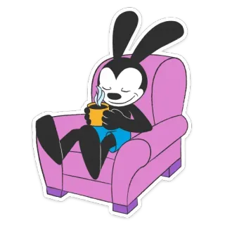 ☺️ 1d314253 Oswald the Lucky Rabbit 漫画, ウサギ, リラックス, コーヒー, 椅子, オズワルド, 飲み物 telegram sticker