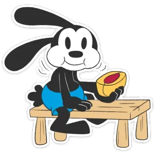 🍑 9c4cfa64 Oswald the Lucky Rabbit アニメ, ウサギ, キャラクター, 座る, 食べる, オズワルド telegram sticker