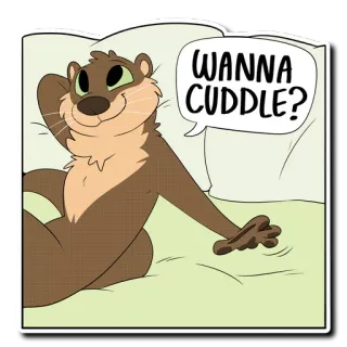 🛏 421a69d8 WANNA CUDDLE? выдра, обниматься, животное, милый, мультфильм, кровать telegram sticker