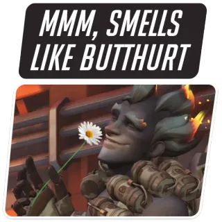 😁 afd53a97 MMM, SMELLS LIKE BUTTHURT bau sakit hati, meme, permainan video, menyinggung, ejekan, Junkrat whatsapp sticker