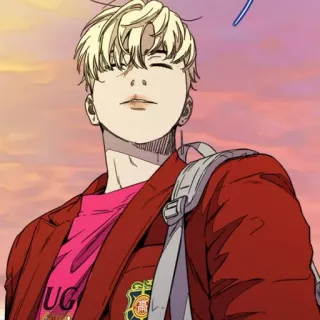 ⌚ e8830277 アニメ風, 金髪, リュック, 赤いジャケット, 笑顔 telegram sticker