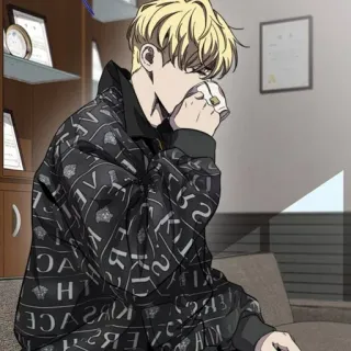 🍸 f6af38a9 アニメ, キャラクター, 金髪, 男, 座る, 屋内 telegram sticker