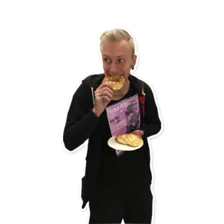 🥐 b46ce956 мужчина, ест, книга, перекус, повседневный telegram sticker