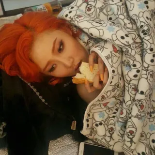 🖤 6f2e4e27 mujer, comiendo, pelo naranja, manta, comida, interior whatsapp sticker