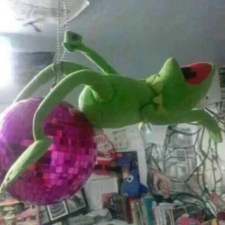 🐸 3aed1dd1 Kermit เคอร์มิท, มัพเพ็ตส์, ดิสโก้บอล, หุ่น, ของเล่น, สีเขียว, ตลก whatsapp sticker