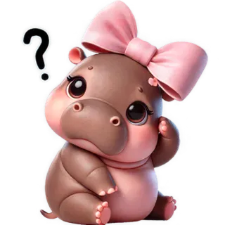 🤨 be3d2ea1 ippopotamo, carino, animale, cartone animato, punto interrogativo, fiocco rosa, cucciolo di ippopotamo, illustrazione whatsapp sticker
